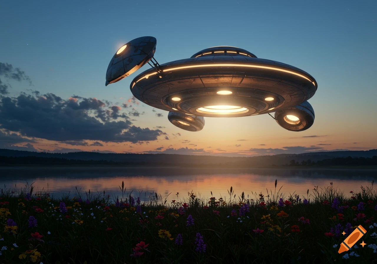 A glowing metallic UFO hovers above a serene lake with colorful wildflowers in the foreground during sunset.