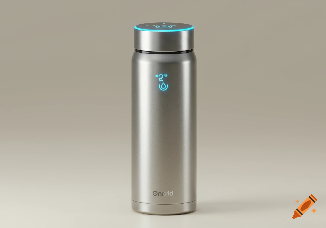 A sleek silver smart water bottle with glowing blue icons for temperature and hydration on a neutral background.