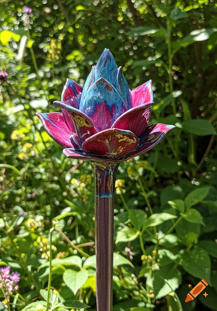 A vibrant glazed ceramic flower cane topper with blue and magenta hues stands in a lush green garden.