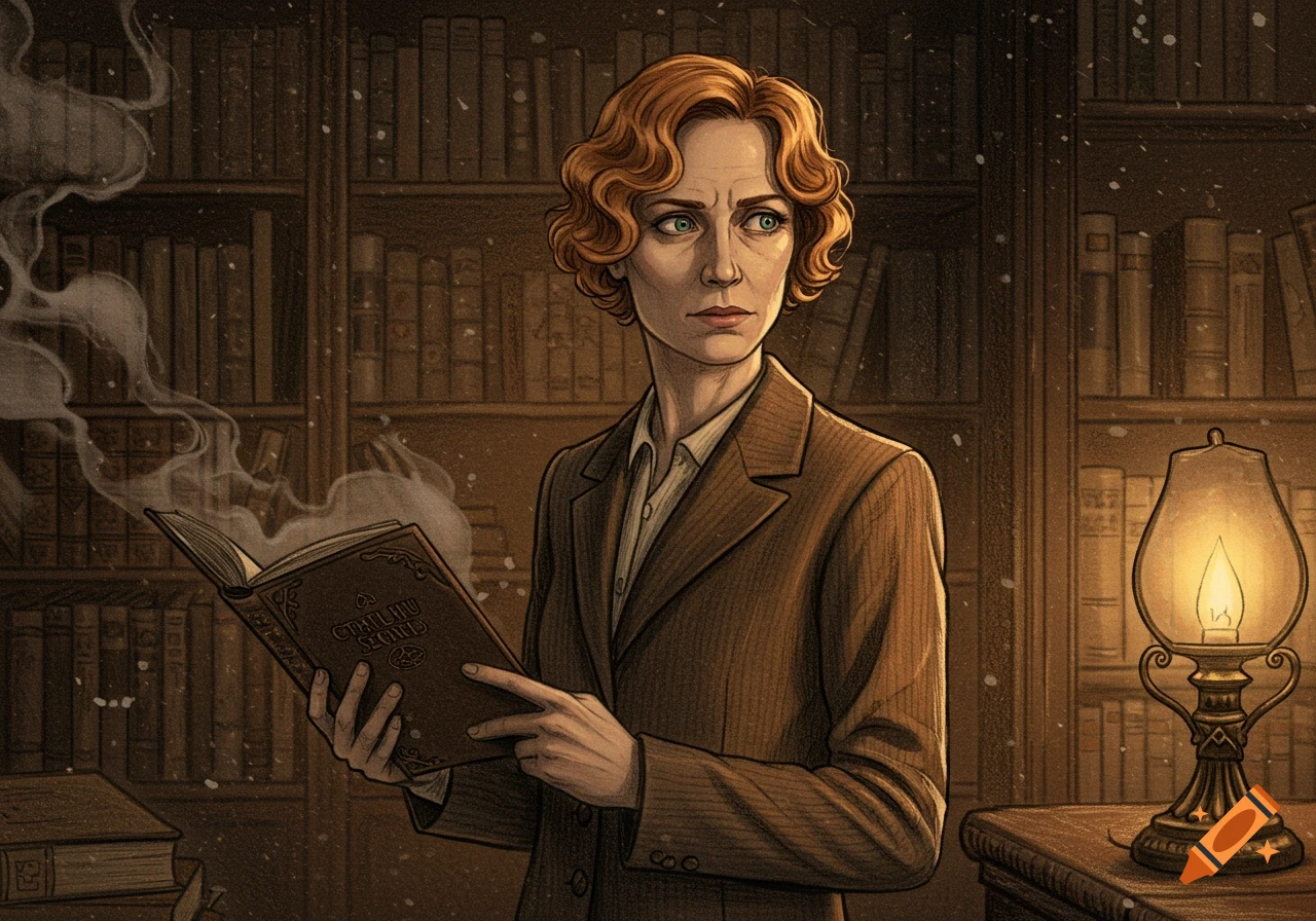 A serious 1920s woman with short red hair reads a smoking occult book in a dimly lit library, retro pencil drawing.