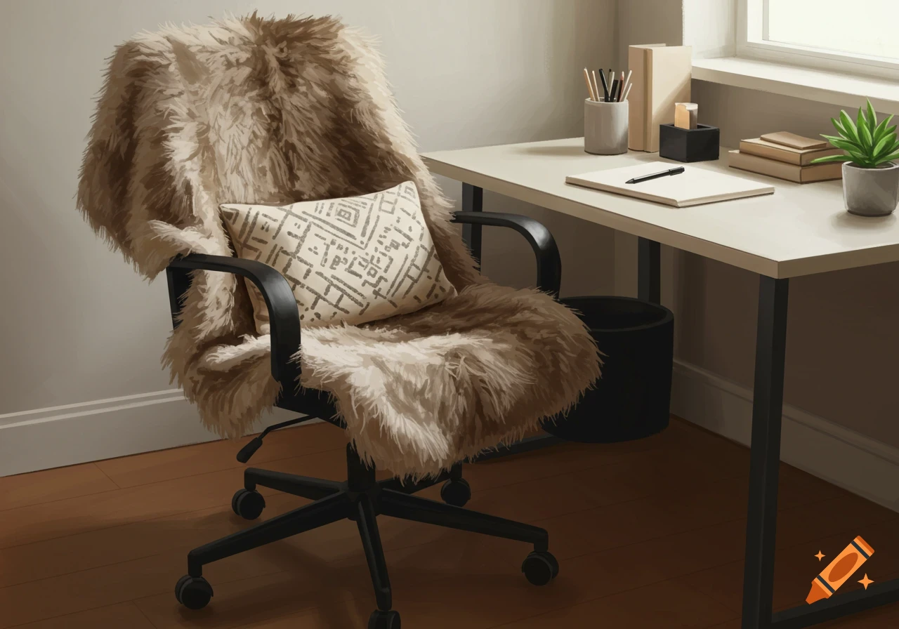 A stylish home office chair with a faux fur throw and patterned pillow next to an organized desk with a plant.