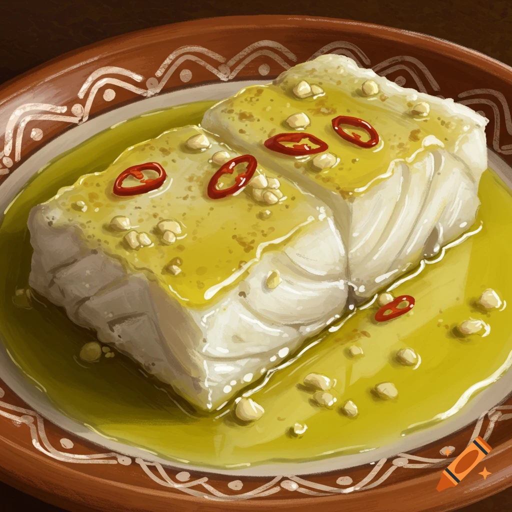 Illustrated Bacalao al pil pil dish with white fish, yellow sauce, red chili, and garlic in a rustic bowl.