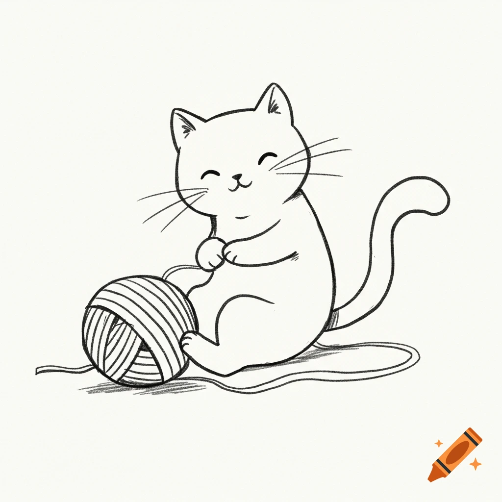 A simple hand-drawn doodle of a happy cat playing with a ball of yarn, featuring sketchy black lines on a light background.