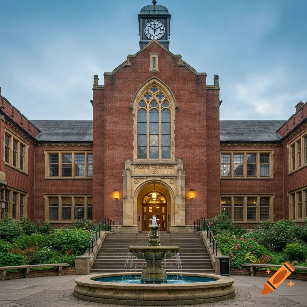 A stately red brick university building with a clock tower and a large Gothic window above the arched entrance. A circular fountain sits at the base of the steps, surrounded by lush gardens, under a cloudy sky.