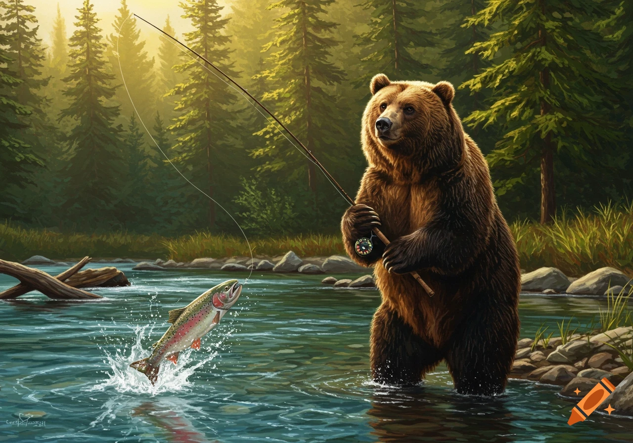 A brown bear stands in a river holding a fishing rod, a rainbow trout jumps out of the water. Lush forest in the background.