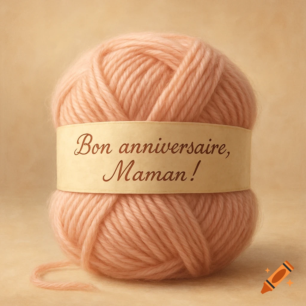 Photorealistic close-up of a pink woolen yarn ball with a cream banderole reading 'Bon anniversaire, Maman!'.