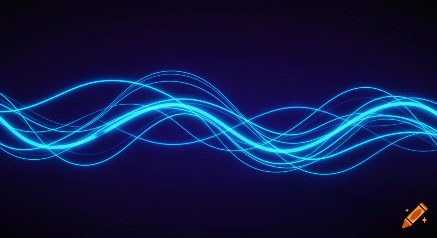 Abstract glowing blue and cyan neon wave lines flowing across a dark indigo background.