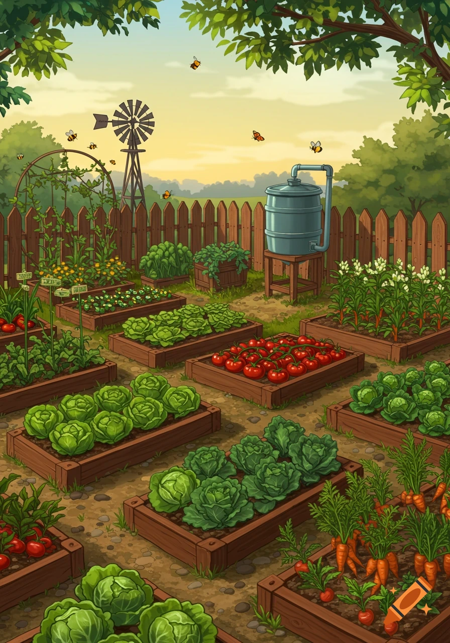 A vibrant cartoon illustration of a sustainable vegetable garden with various crops, a windmill, a water barrel, and a wooden fence.