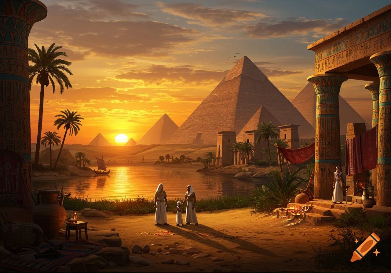 Photorealistic ancient Egyptian landscape at sunset with pyramids, a river, temple columns, and people in traditional attire.