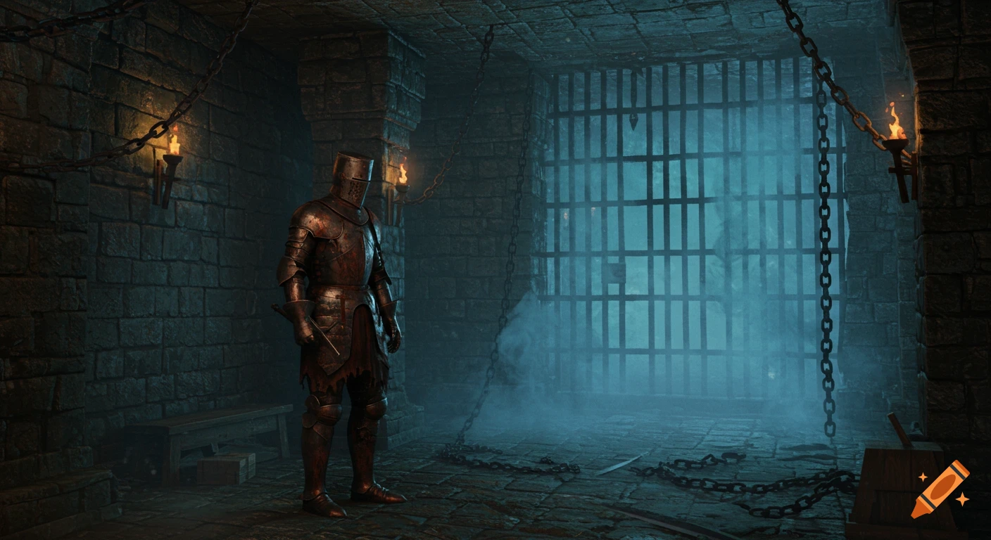 A knight in rusted armor stands in a damp dungeon, lit by flickering torchlight, with blue fog seeping through iron bars in a VHS film style.