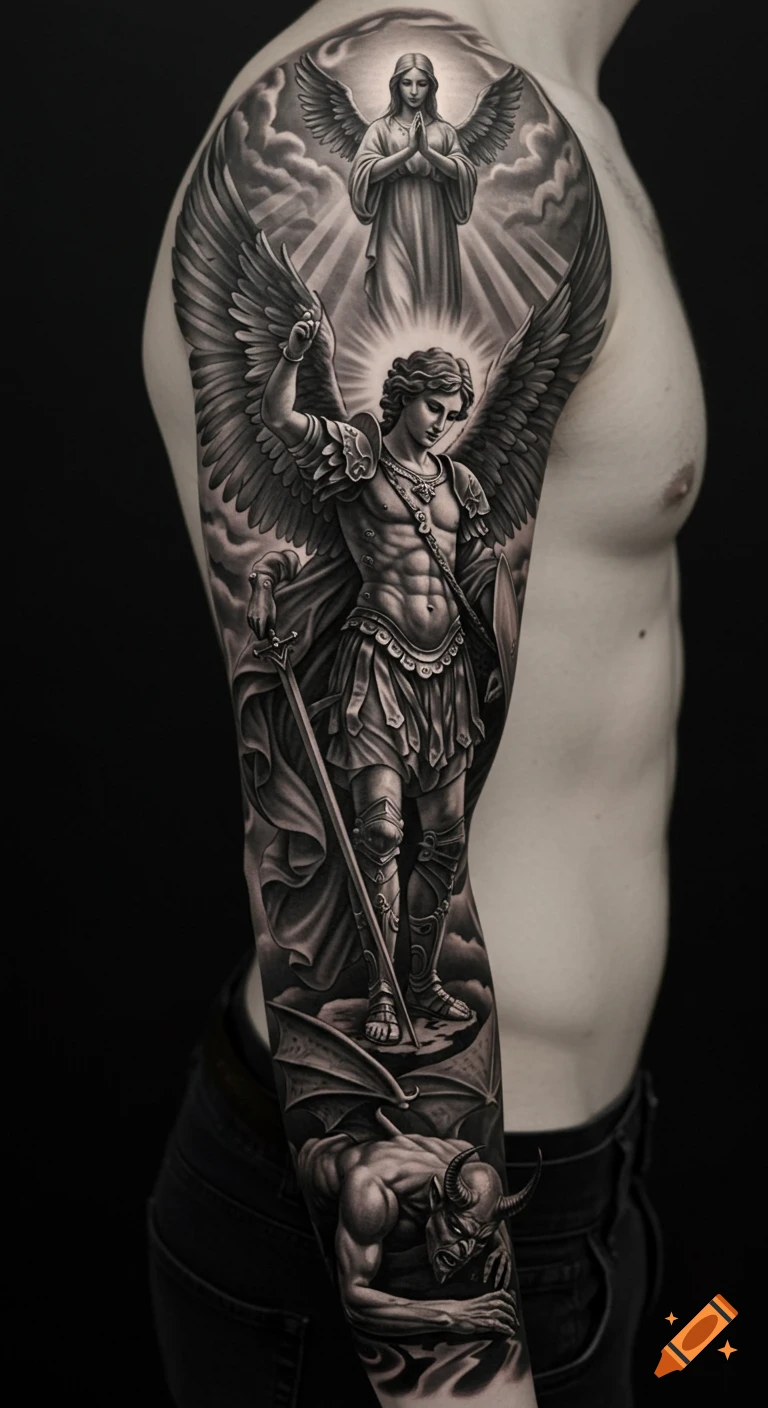Detailed grayscale full-sleeve tattoo of Archangel Michael conquering a devil, with a praying angel above.