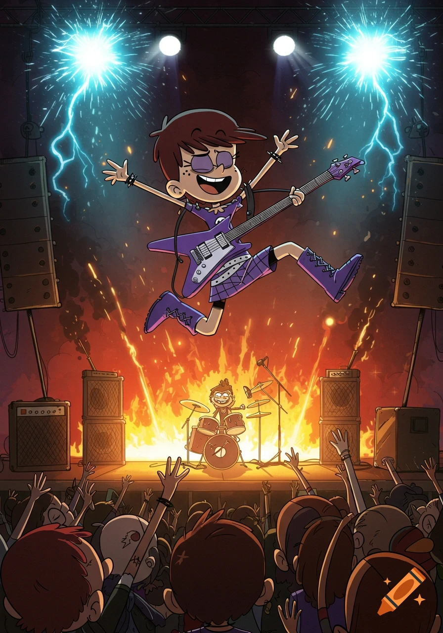 Luna Loud from The Loud House jumps with a purple electric guitar at a rock concert with fire, lightning, and a cheering crowd.