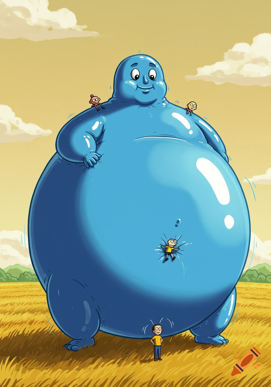 A giant, friendly, smiling blue blob-like creature stands in a golden field, with small cartoon figures on its body and at its feet.
