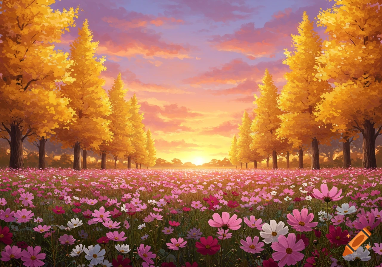 A vibrant anime-style landscape at sunset with golden ginkgo trees lining a field of pink and white cosmos flowers.