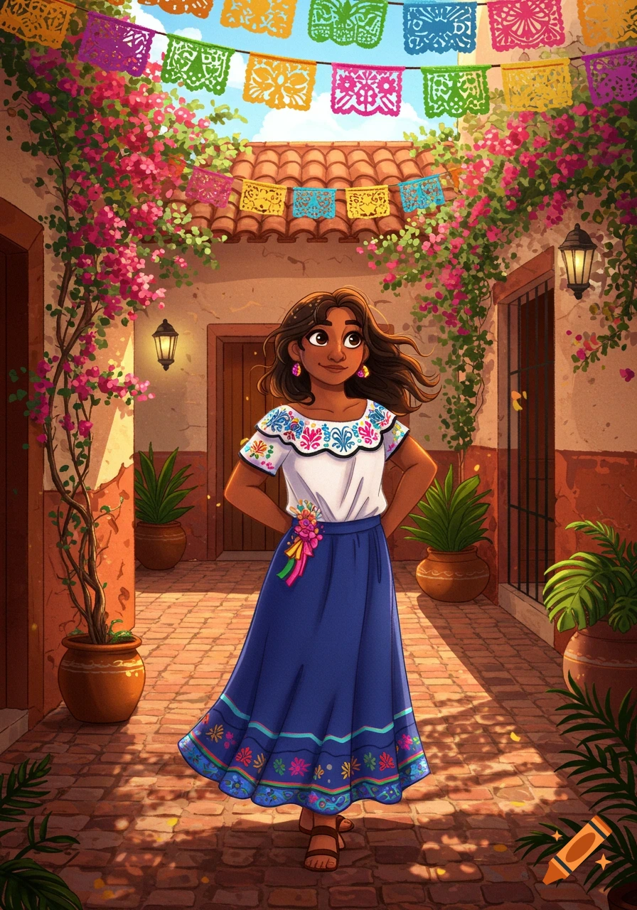 Vibrant cartoon illustration of a girl in traditional Mexican attire in a festive courtyard with colorful banners.