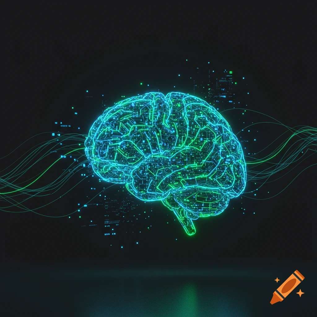 A glowing, circuit-like digital brain made of green and blue light, surrounded by flowing data streams on a dark background.