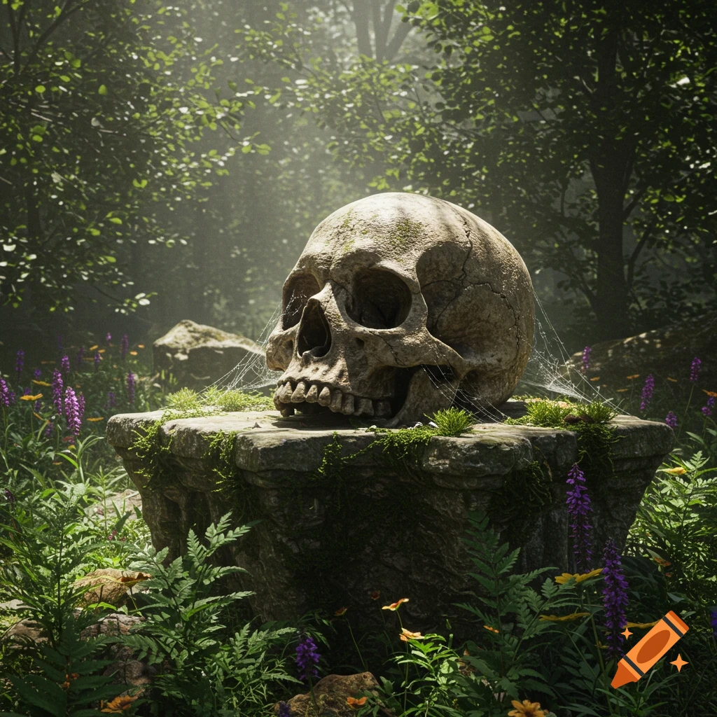 A weathered human skull sits on a mossy stone pedestal in a lush, sun-dappled forest with purple flowers and spiderwebs.