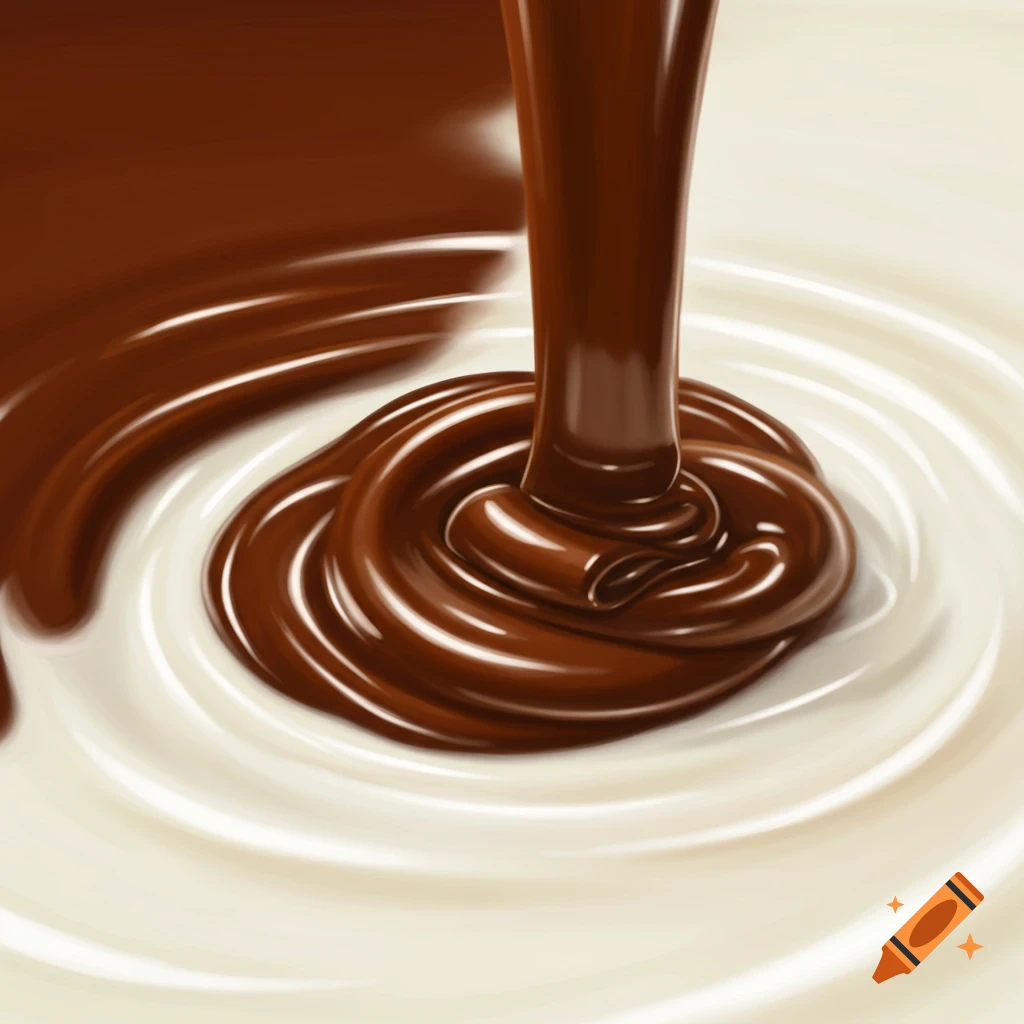 Rich, dark chocolate pouring and swirling into a creamy white liquid.