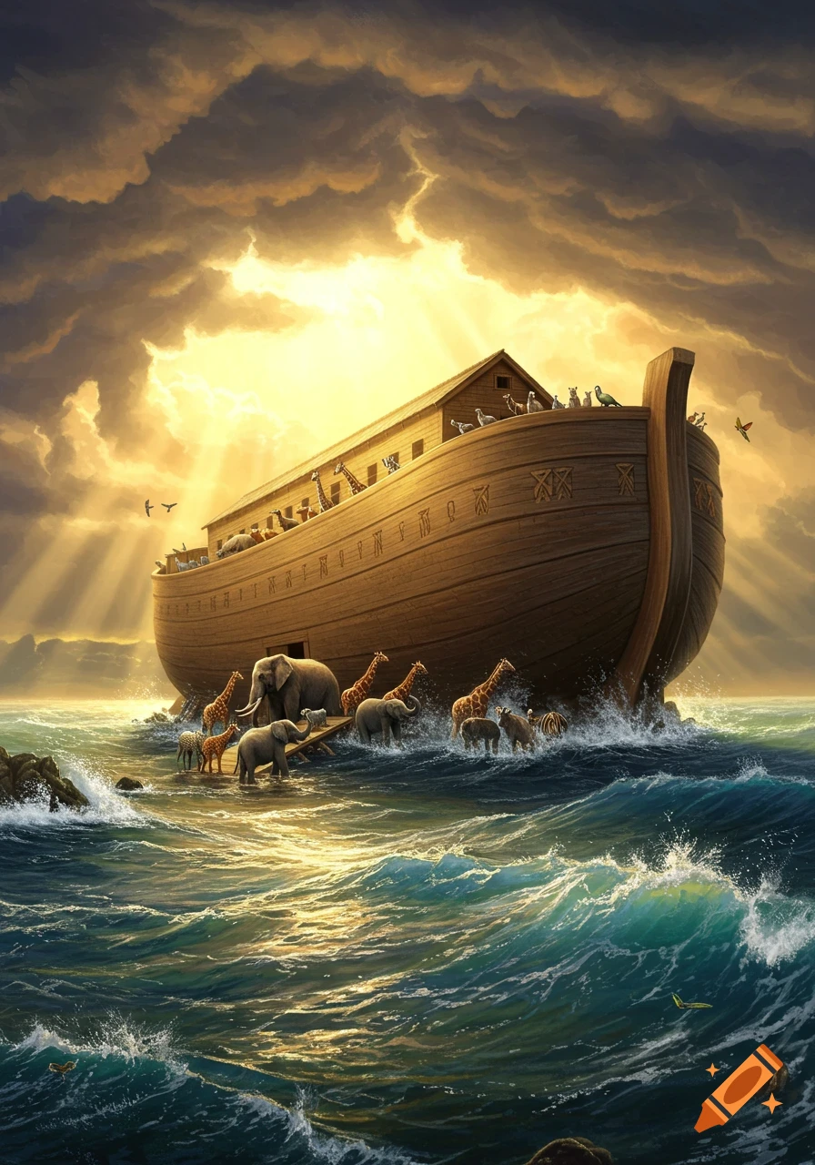 Noah's Ark, a large wooden boat laden with pairs of animals, sails on stormy seas under a dramatic sky with sun rays breaking through clouds.