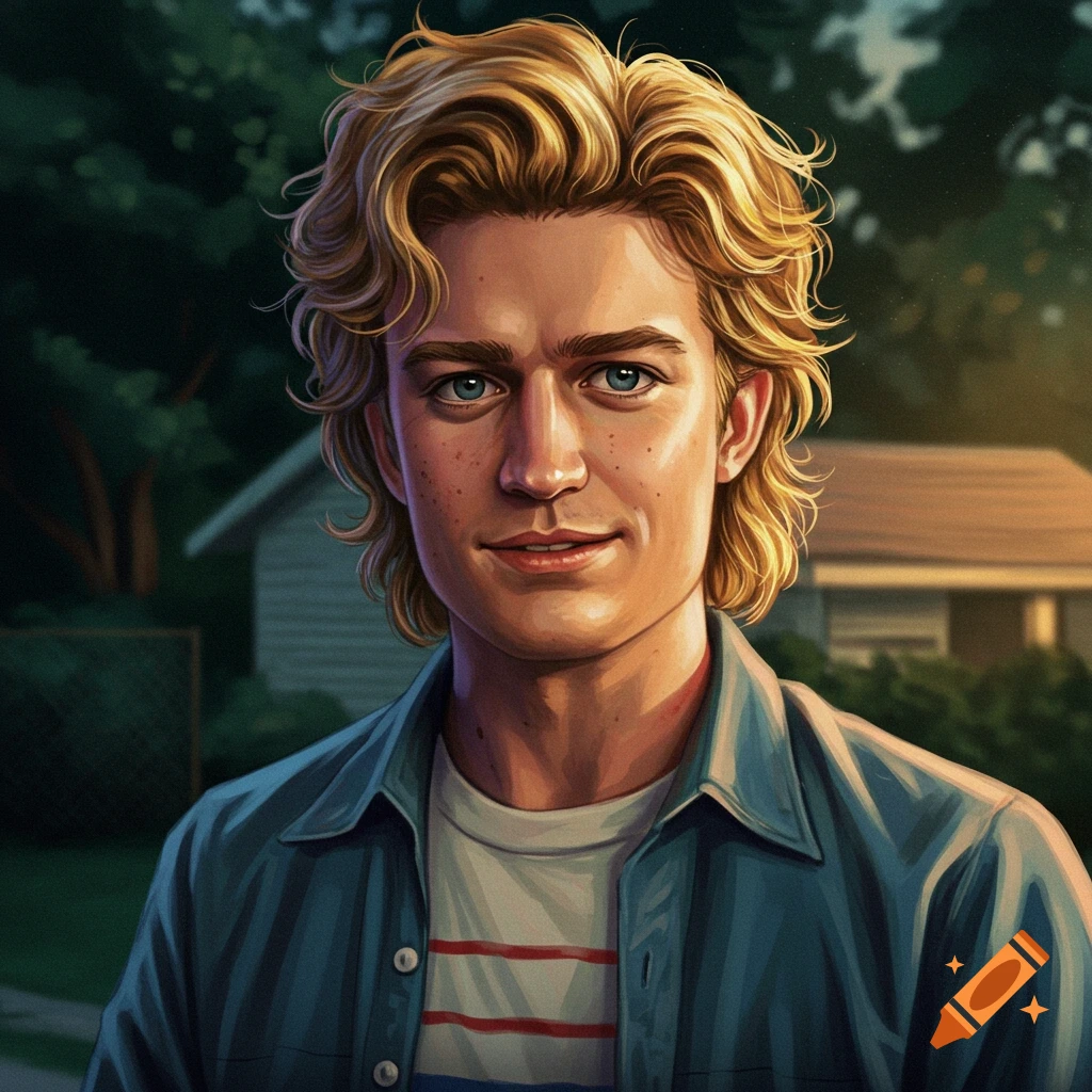 Digital art portrait of a smiling young man with wavy blond hair, blue eyes, and freckles, in a blue shirt, suburban background at dusk.