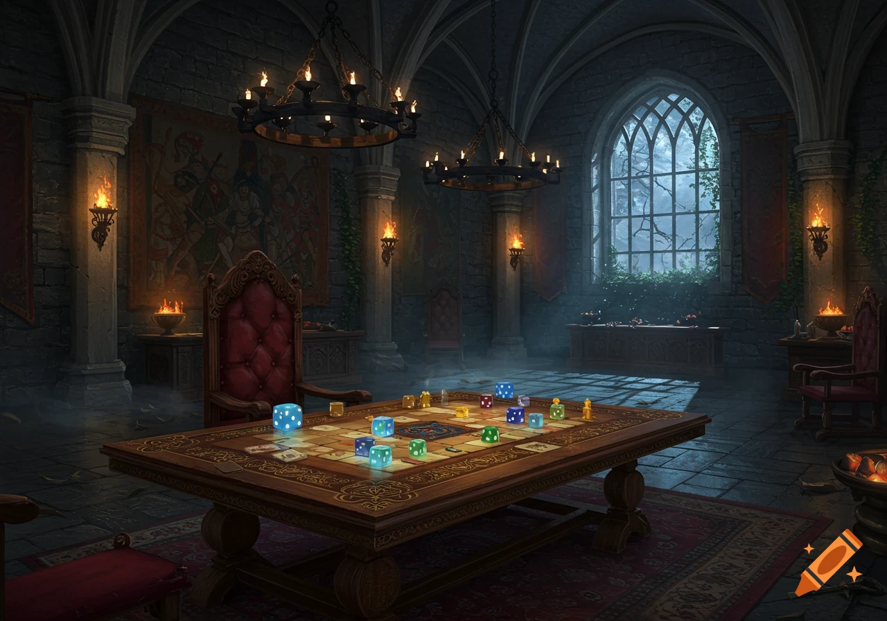 A fantasy scene of a board game with glowing dice and pieces on a table in a grand, gothic castle hall with chandeliers and a large arched window.