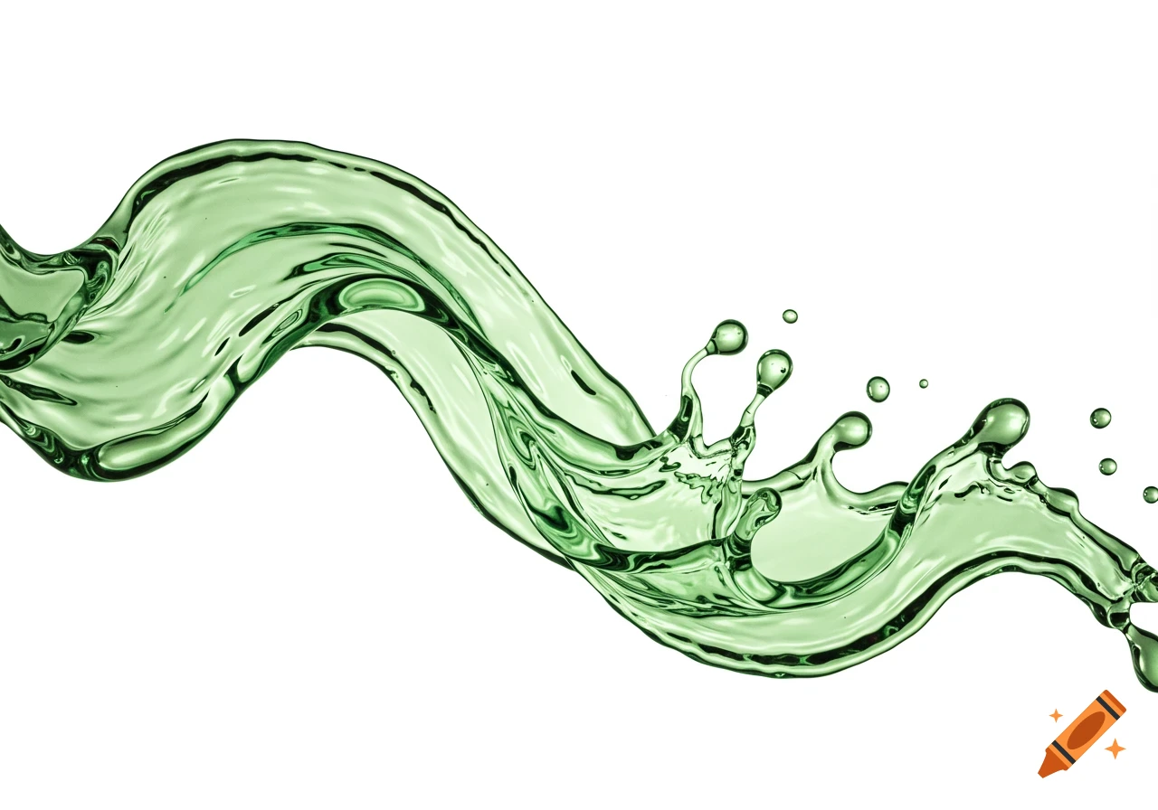A vibrant green liquid splashes and ripples in a dynamic wave pattern, with droplets flying on a white background.
