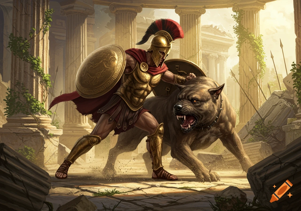 A Spartan warrior in golden armor and red cape battles a large snarling dog amidst crumbling ancient ruins under a bright sky.