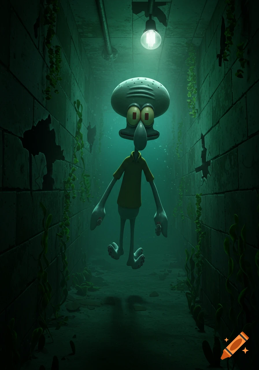 A 3D rendered, somewhat scary Squidward floats in a dark, eerie underwater corridor with overgrown walls and a single light.
