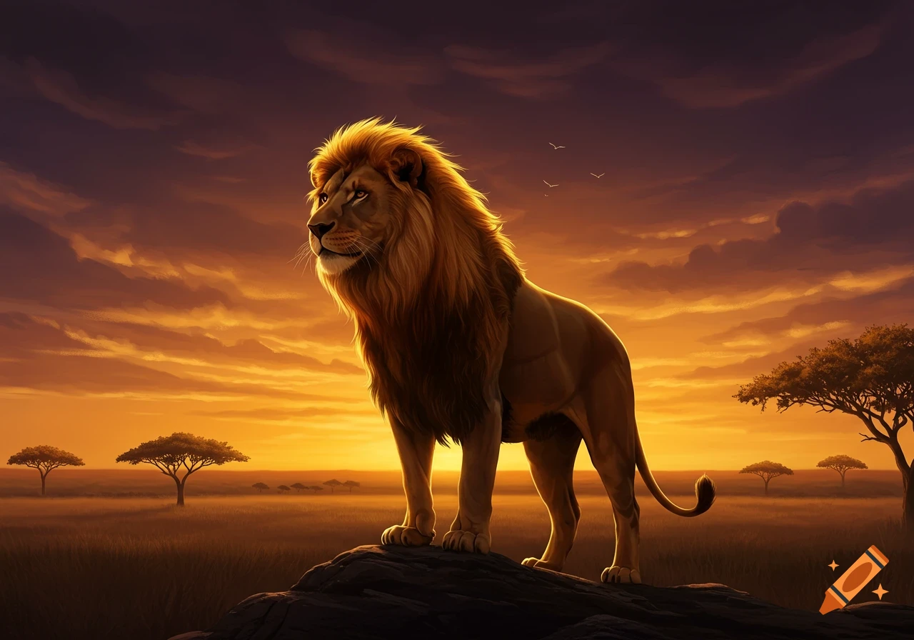 A majestic lion stands on a rock in a golden savanna landscape at sunset, with acacia trees in the background, digital painting.