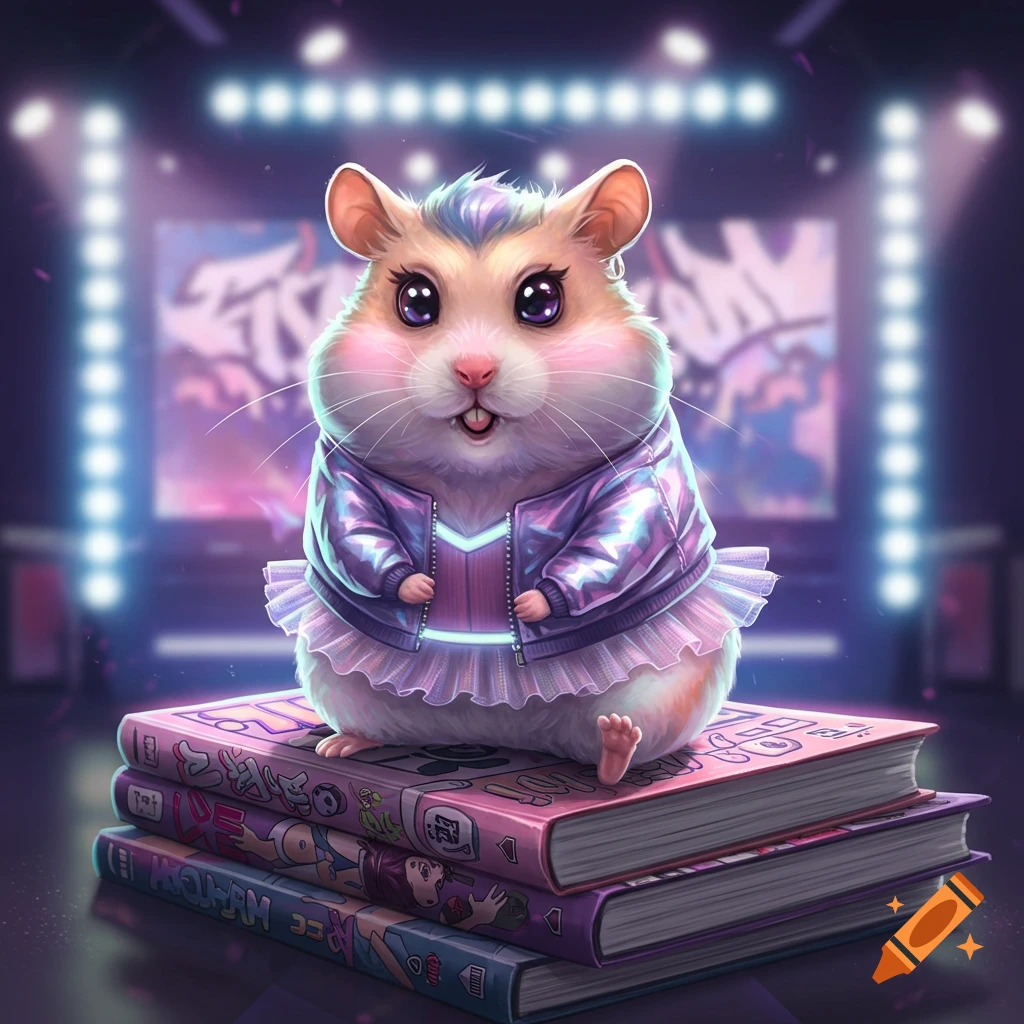 A cute fluffy hamster in a shiny purple jacket and pink skirt sits on colorful books, against a neon-lit stage. Digital art.