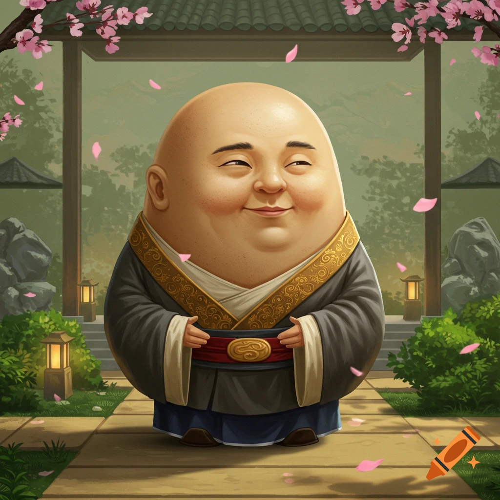 A smiling, cartoonish bald man with a round, potato-like body wears traditional robes in a serene Asian garden with pink cherry blossoms.