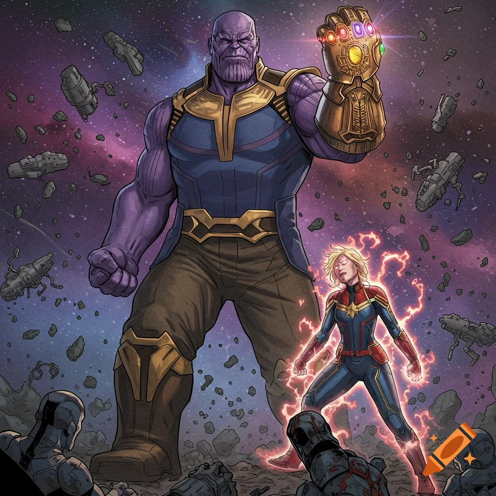 Giant Thanos with Infinity Gauntlet confronts Captain Marvel amidst space debris in a comic book art style.