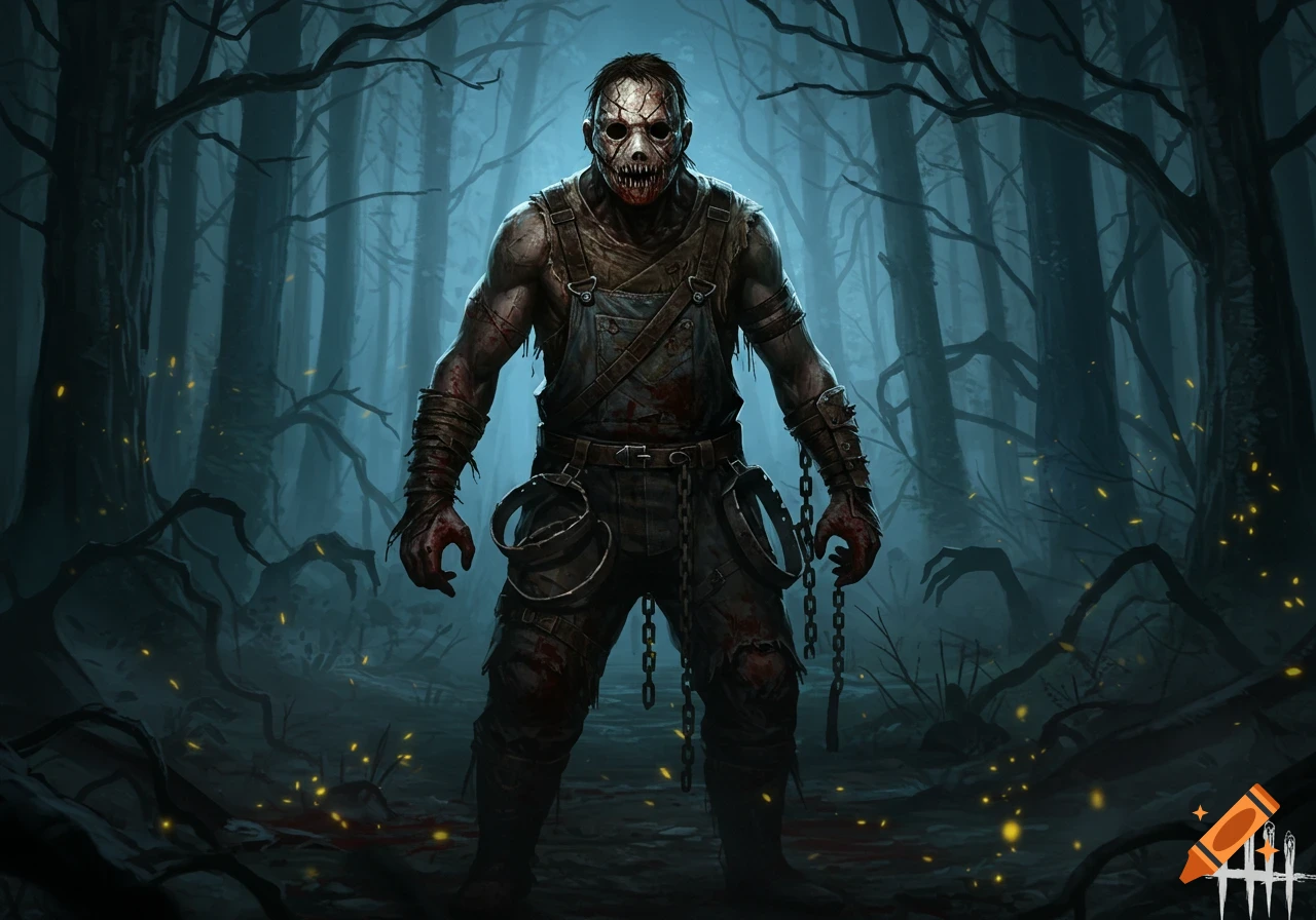 A menacing, masked killer covered in blood, wearing overalls and chains, stands in a dark, eerie forest. Digital art.