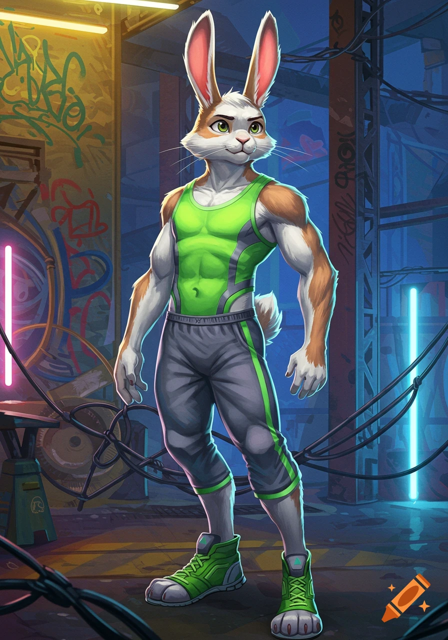 An athletic anthropomorphic rabbit with brown and white fur, wearing a neon green tank top and grey sweatpants, stands in an urban alley with graffiti and neon lights.