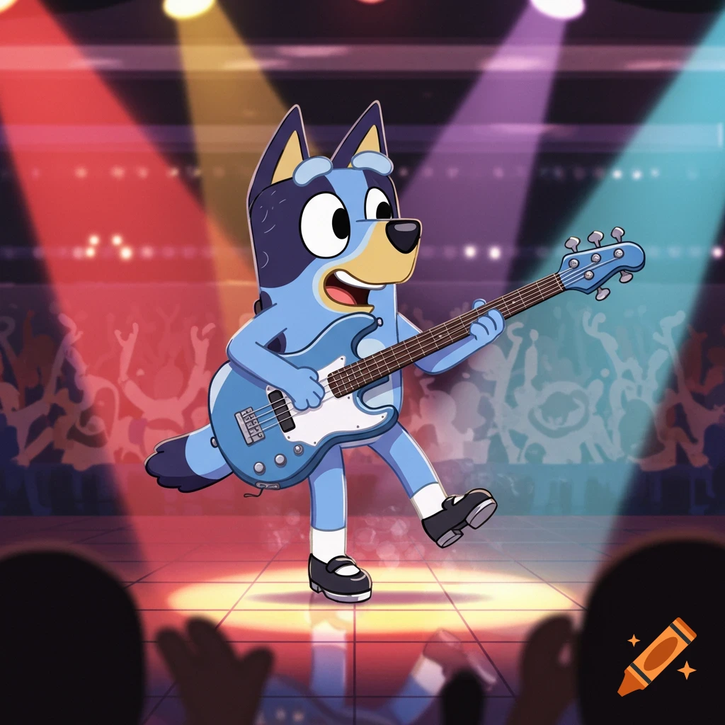 Bluey, the blue cartoon dog, plays an electric bass guitar on a stage under colorful spotlights, wearing white socks and black Mary Jane shoes.