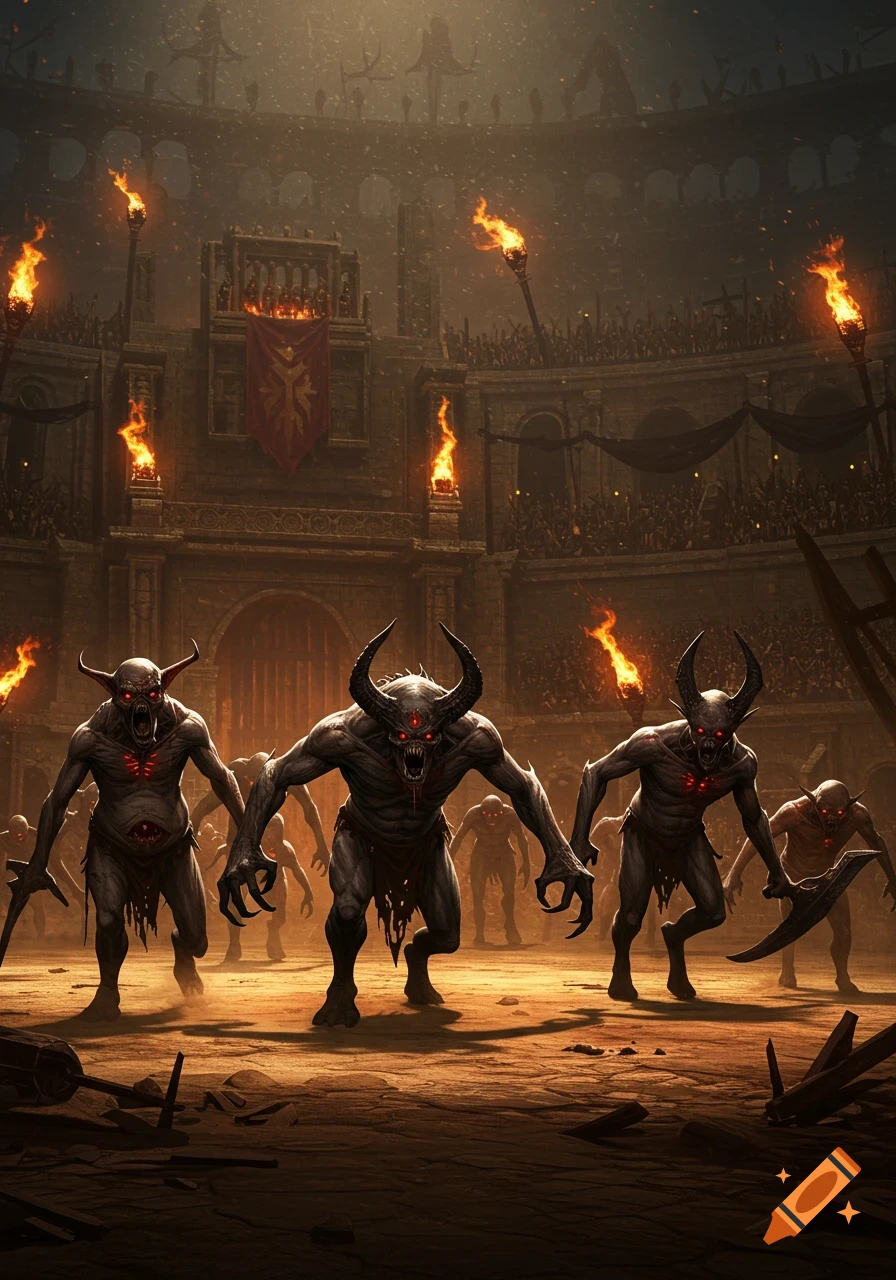 Three horned demons with glowing red eyes and chests emerge in a torch-lit gladiatorial arena filled with spectators, fantasy art.