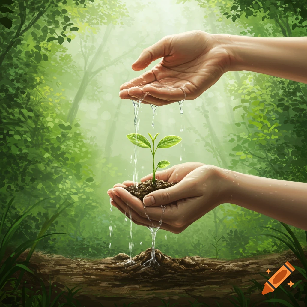 Two hands caring for a small plant, with water dripping from the upper hand onto the seedling held in the lower hand, against a verdant forest background.