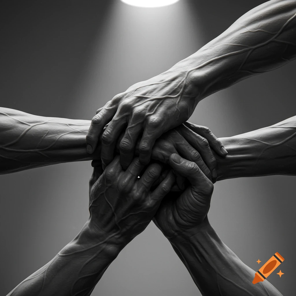 Black and white close-up of four veiny hands intertwined in a huddle, under a spotlight.