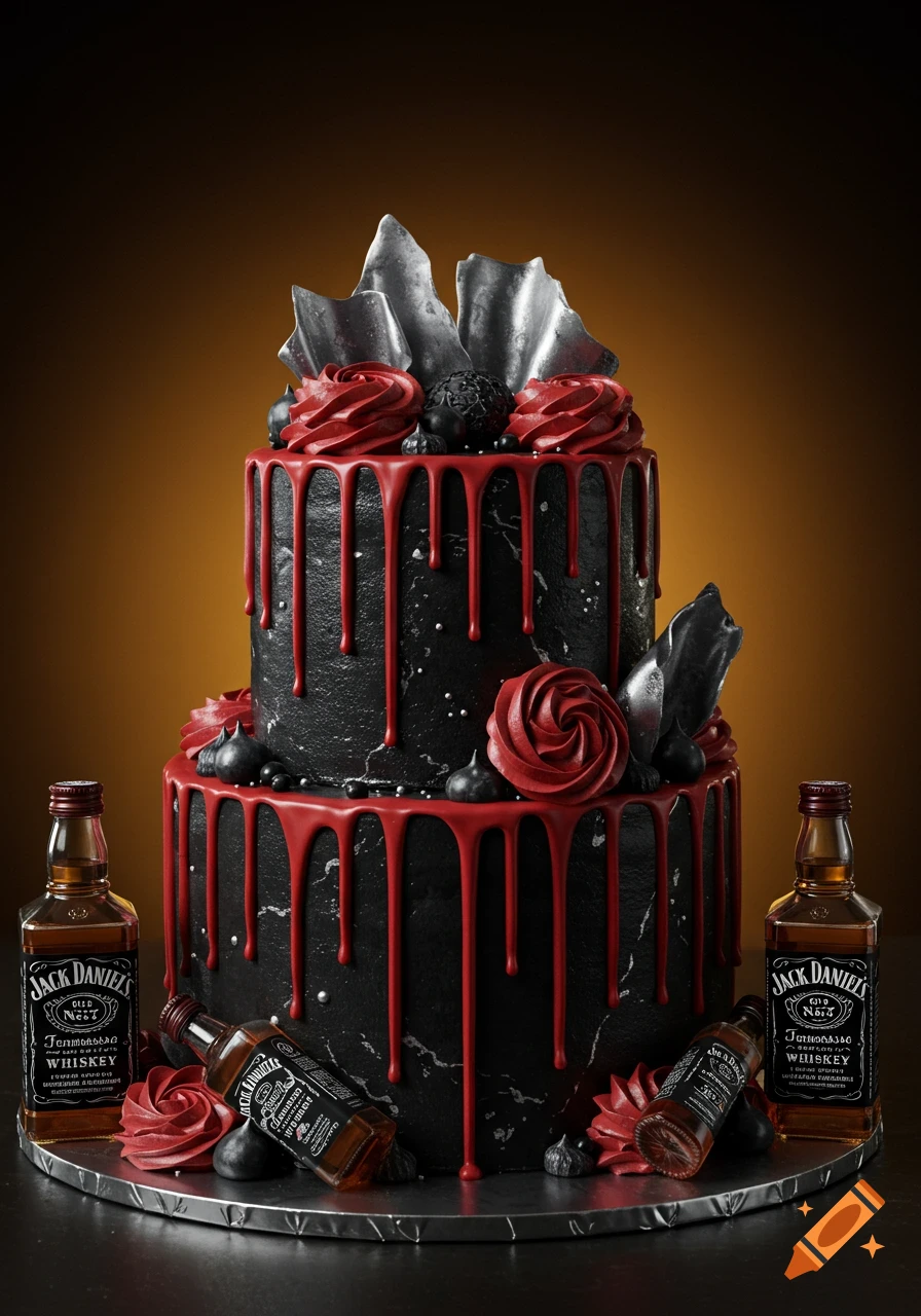 A two-tiered black cake with red drips and roses, silver shards, and miniature Jack Daniel's bottles around its base, set against a warm gold background.