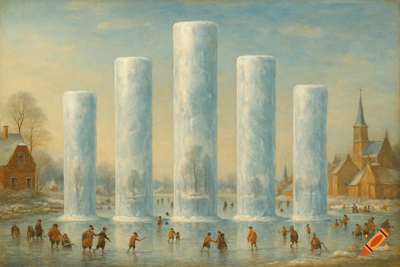 A winter landscape painting in the style of Hendrick Avercamp, showing people ice skating on a frozen lake with five large ice columns and old buildings.