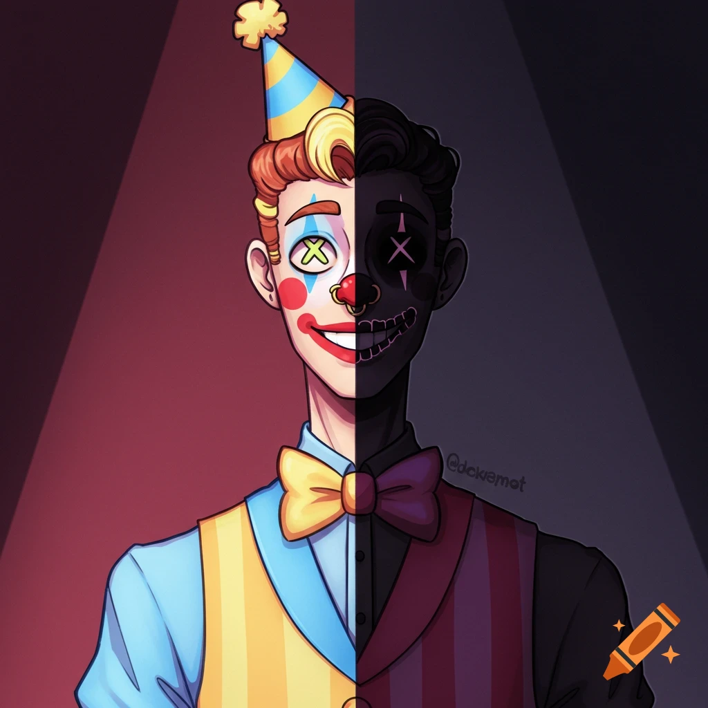 Stylized drawing of a man, half bright clown with a party hat and smile, half dark figure with cross eyes and stitched mouth.