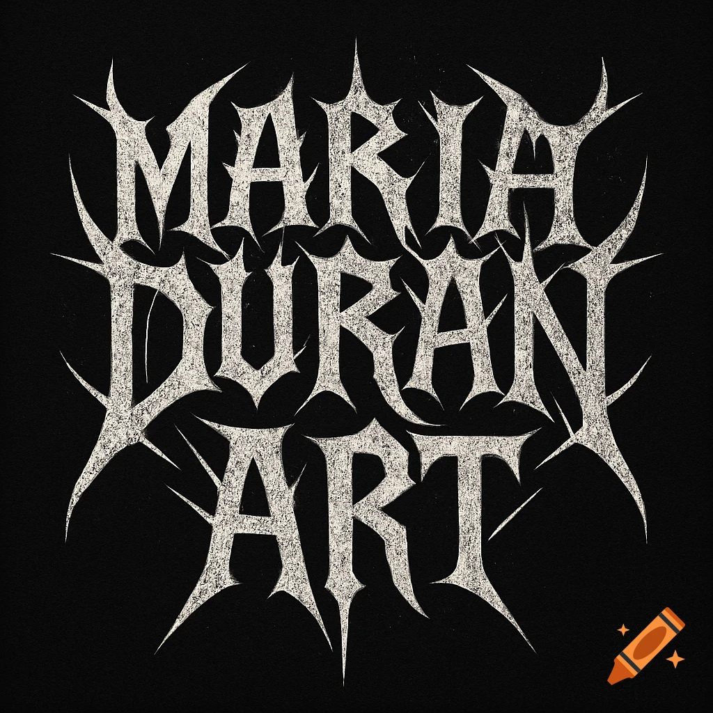 White gothic, spiky text on a black background reading "MARIA DURAN ART" in a black metal logo style.