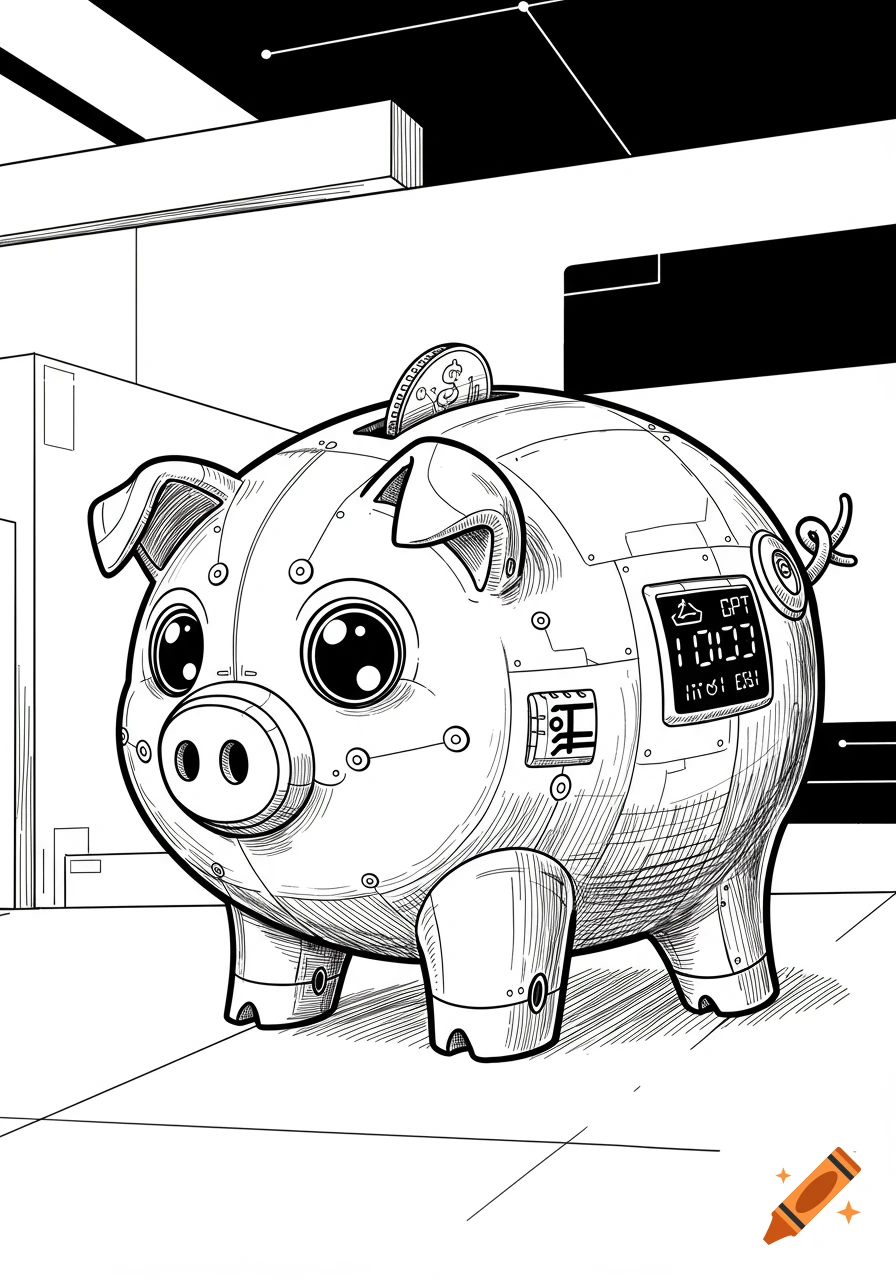 A black and white line drawing of a futuristic, cartoon-style digital piggy bank with a coin in its slot, featuring a small screen displaying "GPT" and "10:03" along with some illegible text.