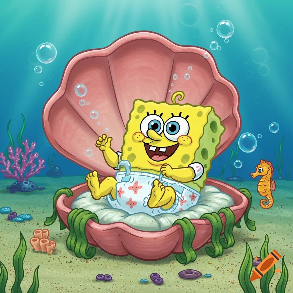 Baby Spongebob Squarepants, wearing a diaper, happily sits in a large pink seashell on the ocean floor with a seahorse nearby, in a cartoon style.