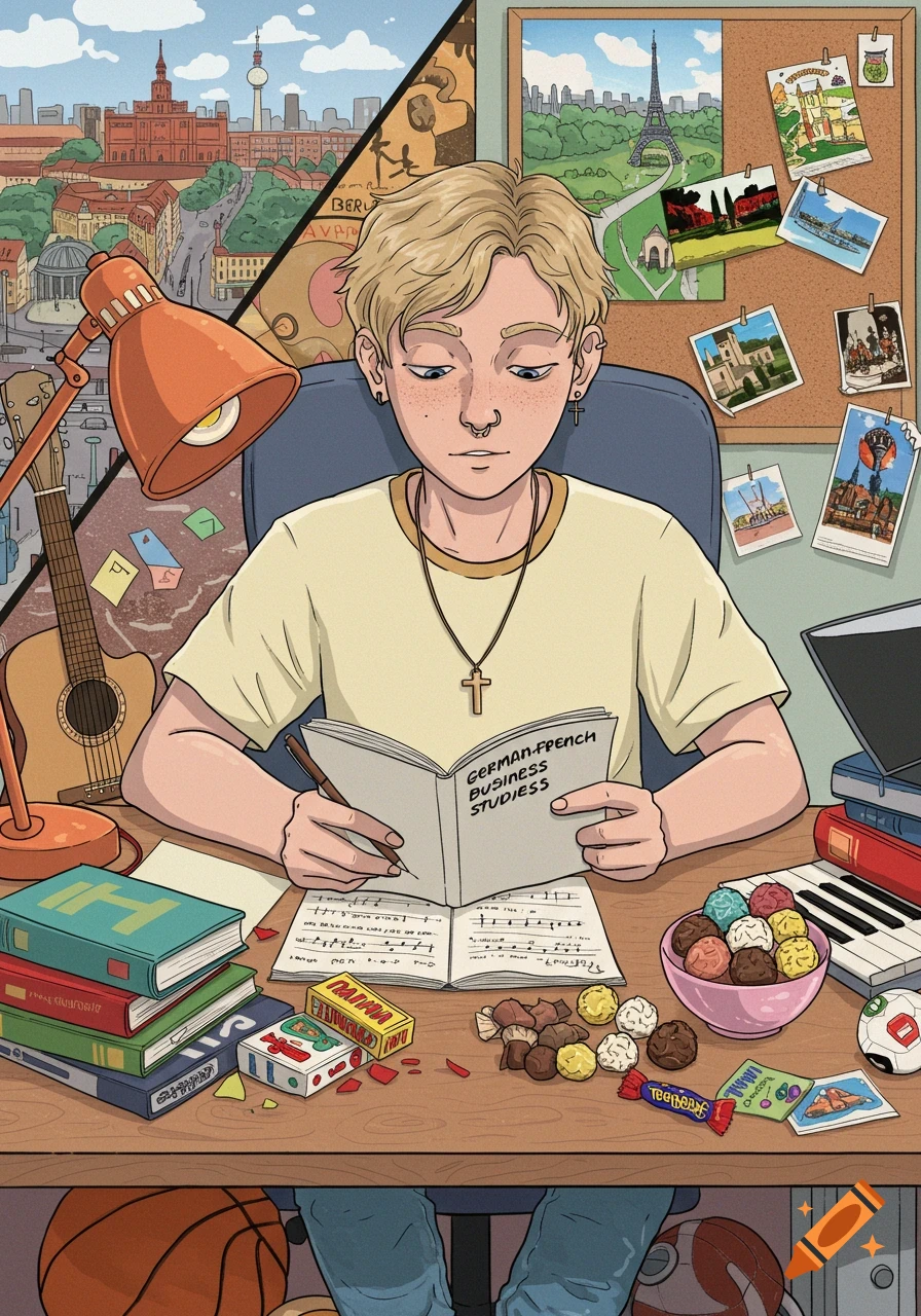 An illustration of a young blonde person with a nose piercing studying a book titled "GERMAN-FRENCH BUSINESS STUDIES" at a desk. The background shows split views of Berlin and Paris cityscapes, with travel photos on a corkboard. The desk is cluttered with books, music sheets, candy, and a keyboard.