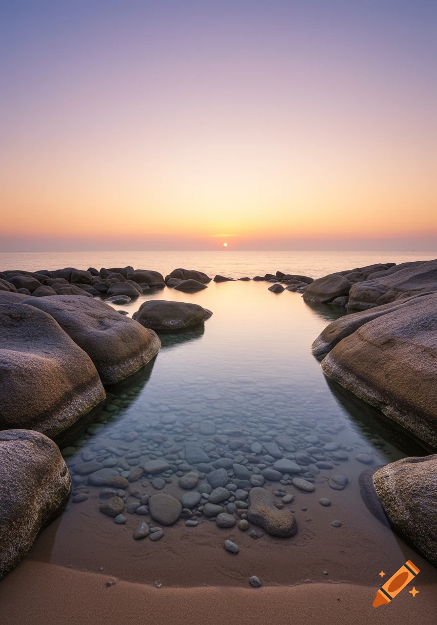 Photorealistic image of a clear natural pool surrounded by large rocks on a sandy beach, with the sun rising over the distant ocean.