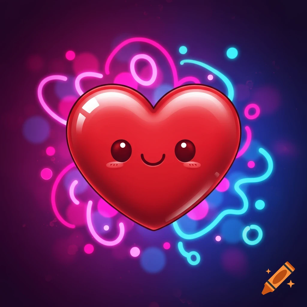 A glossy red cartoon heart with a smiley face, surrounded by glowing pink and blue neon lines and bokeh on a dark background.