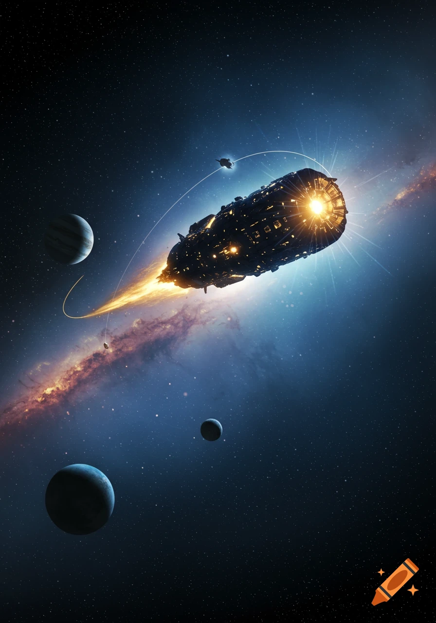 A large, detailed spaceship with a brightly lit engine streaks through dark outer space, surrounded by planets and a swirling nebula.