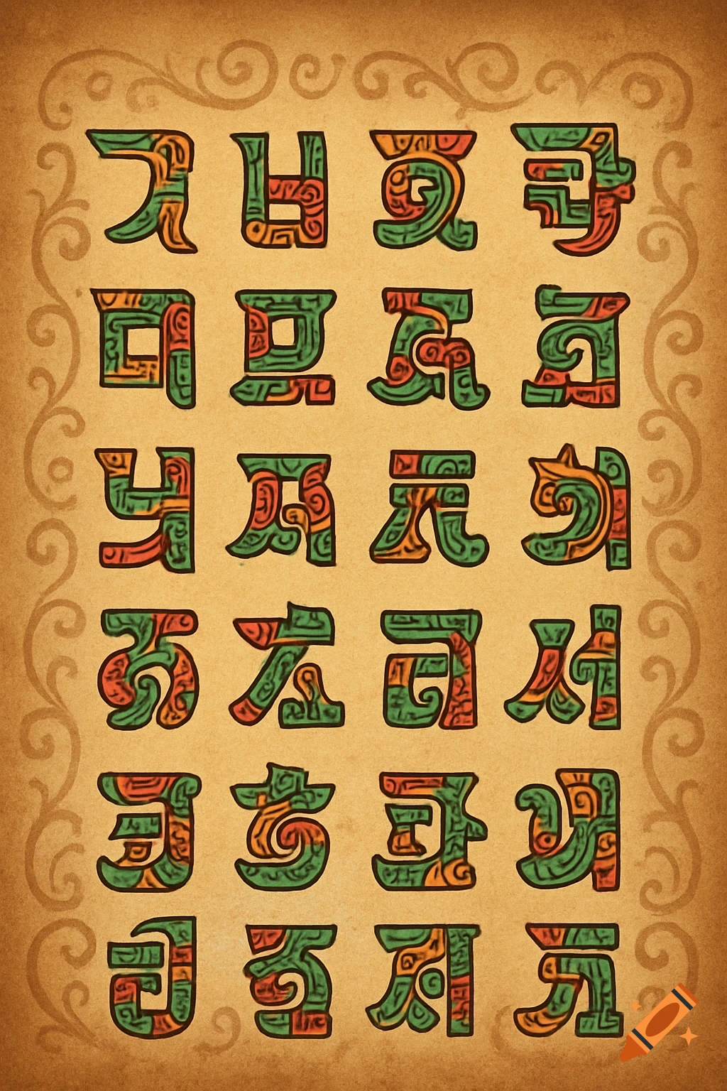A grid of stylized green, orange, and red fictional alphabet characters on a textured brown background with floral patterns.