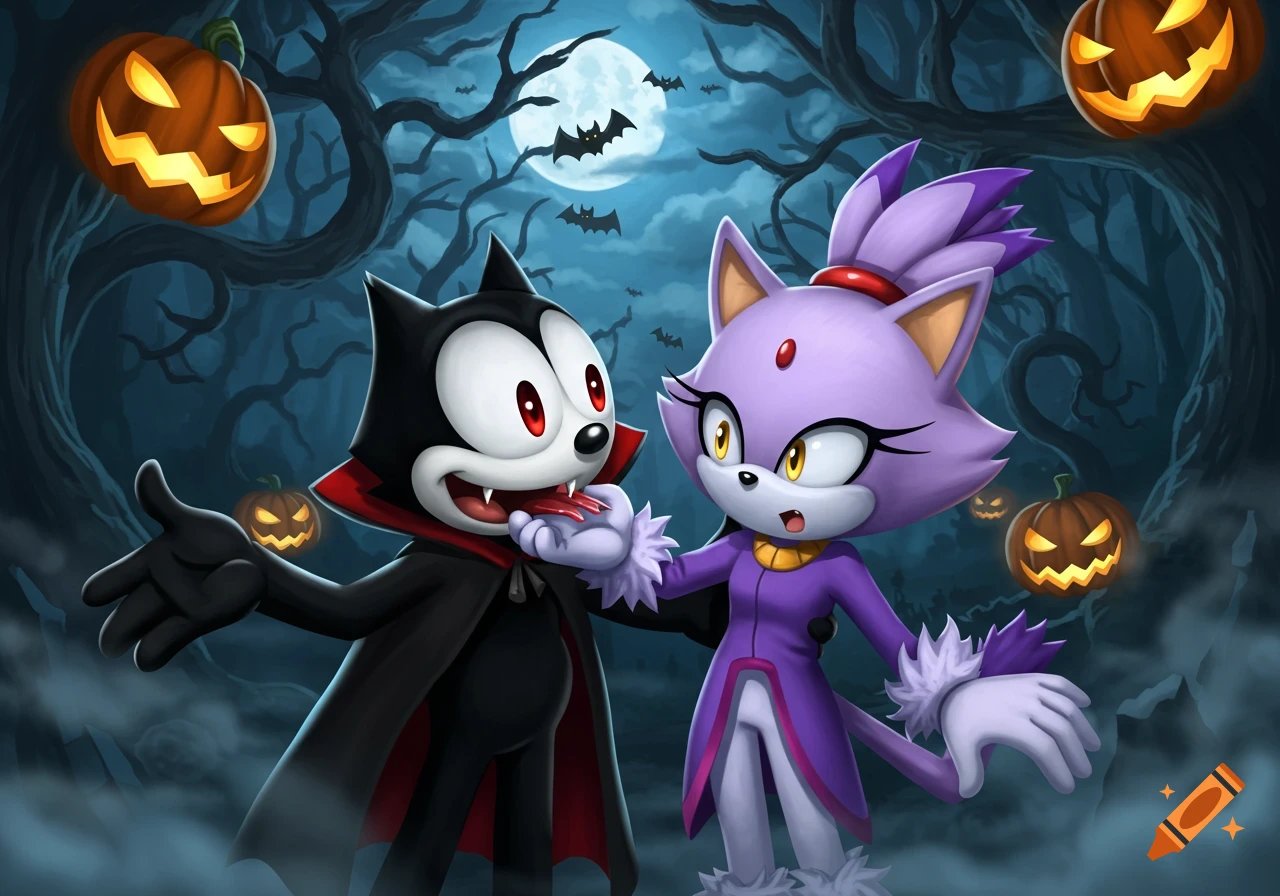 Vampire Felix the Cat bites Blaze the Cat in a Halloween forest with jack-o'-lanterns and bats.